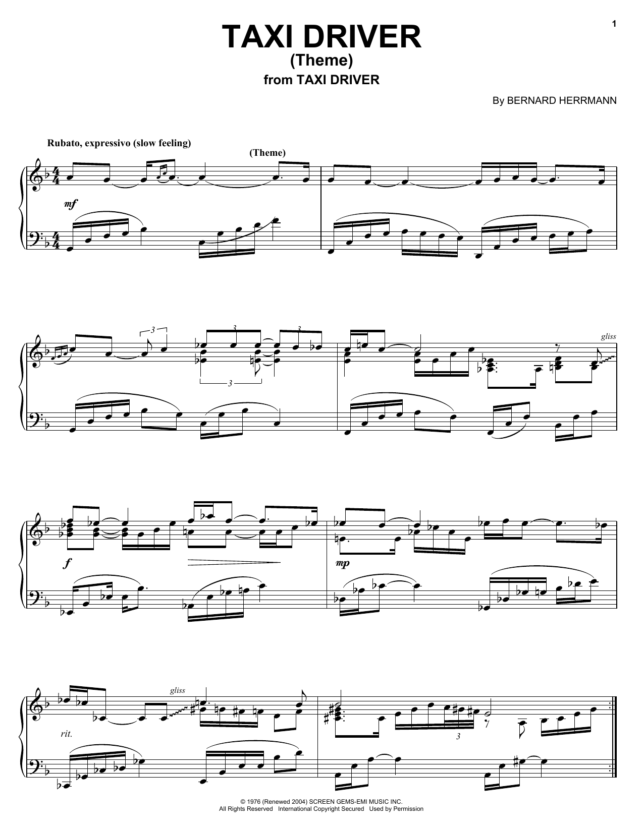Bernard Herrmann Taxi Driver (Theme) sheet music notes and chords arranged for Real Book – Melody & Chords
