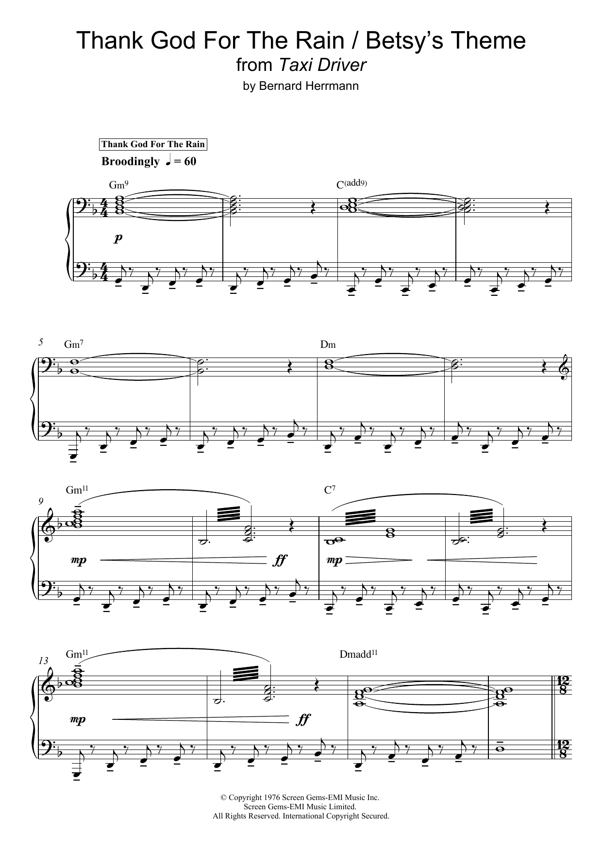Bernard Herrmann Thank God For The Rain / Betsy's Theme (from Taxi Driver) sheet music notes and chords arranged for Piano Solo