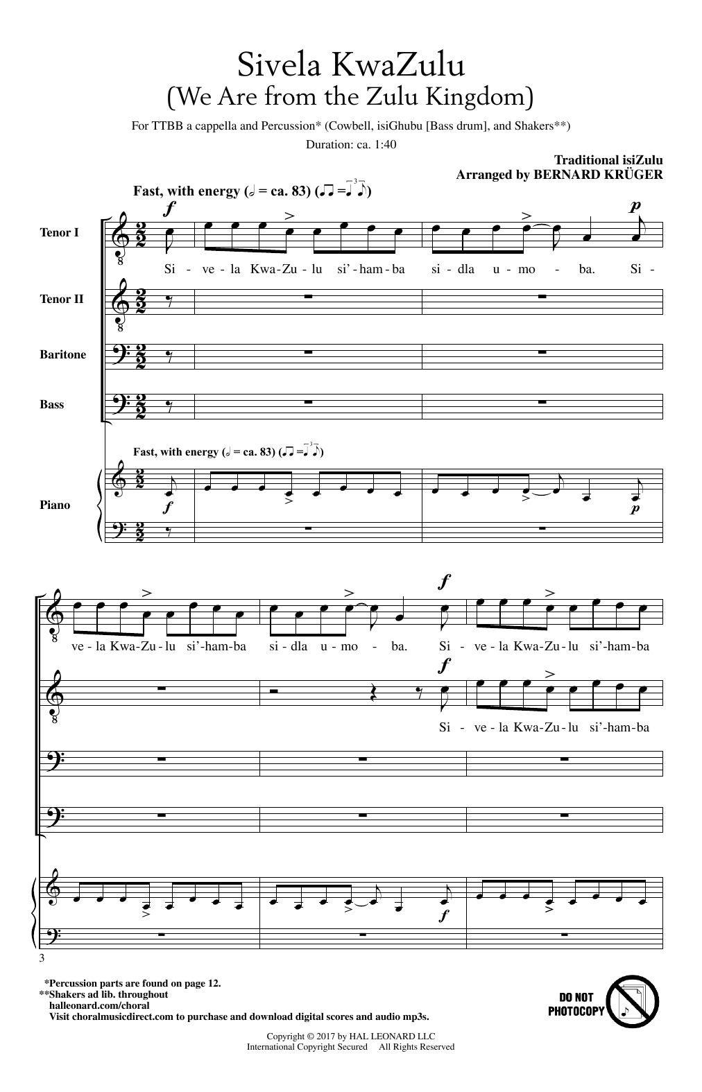 Bernard Krüger Sivela Kwazulu sheet music notes and chords arranged for TTBB Choir