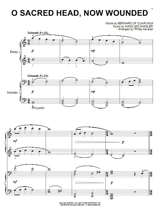Bernard of Clairvaux O Sacred Head, Now Wounded (arr. Phillip Keveren) sheet music notes and chords arranged for Piano Duet