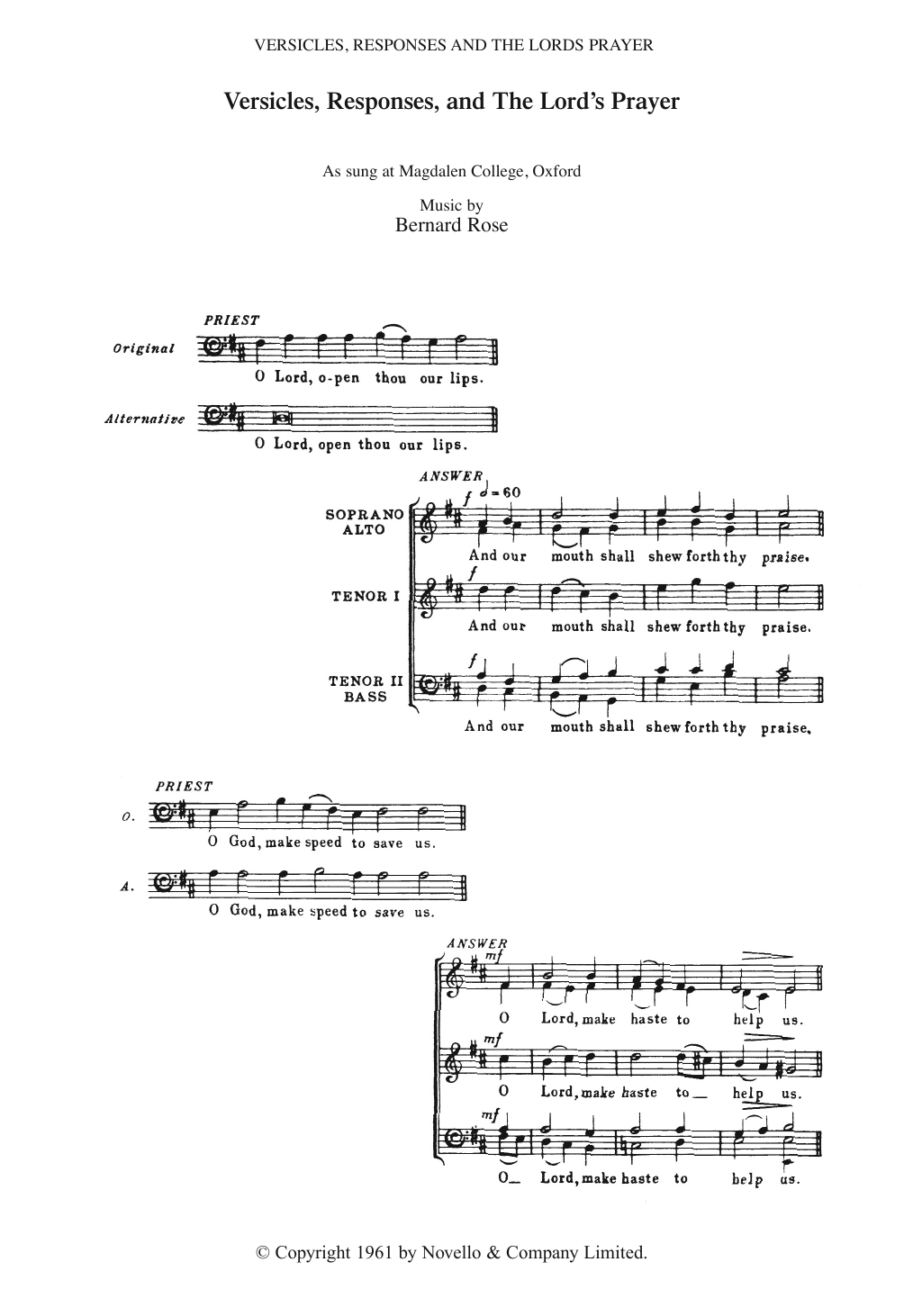 Bernard Rose Versicles, Responses And The Lord's Prayer sheet music notes and chords arranged for Piano, Vocal & Guitar Chords