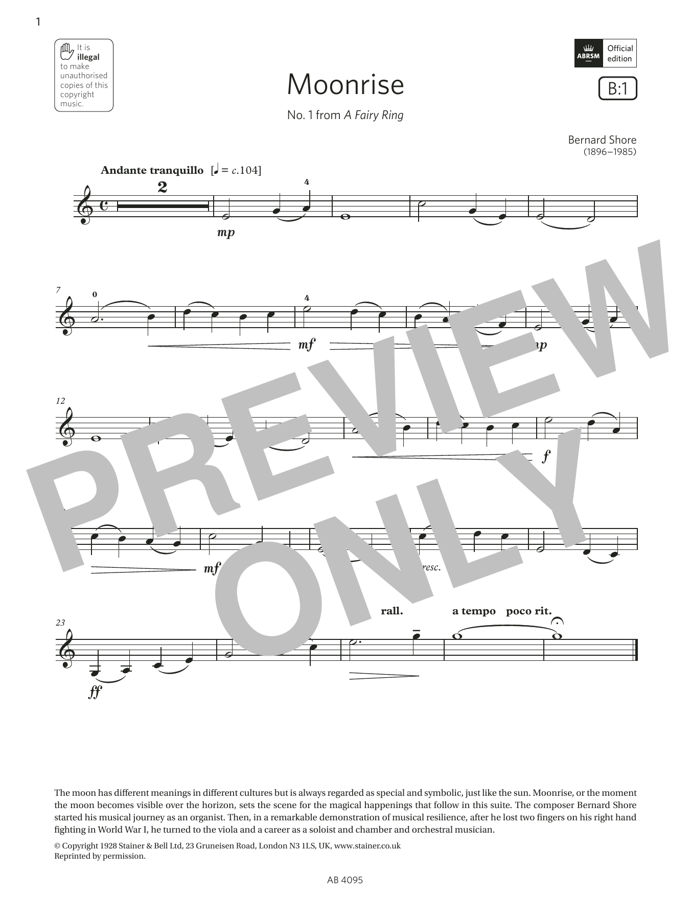 Bernard Shore Moonrise (Grade 1, B1, from the ABRSM Violin Syllabus from 2024) sheet music notes and chords arranged for Violin Solo