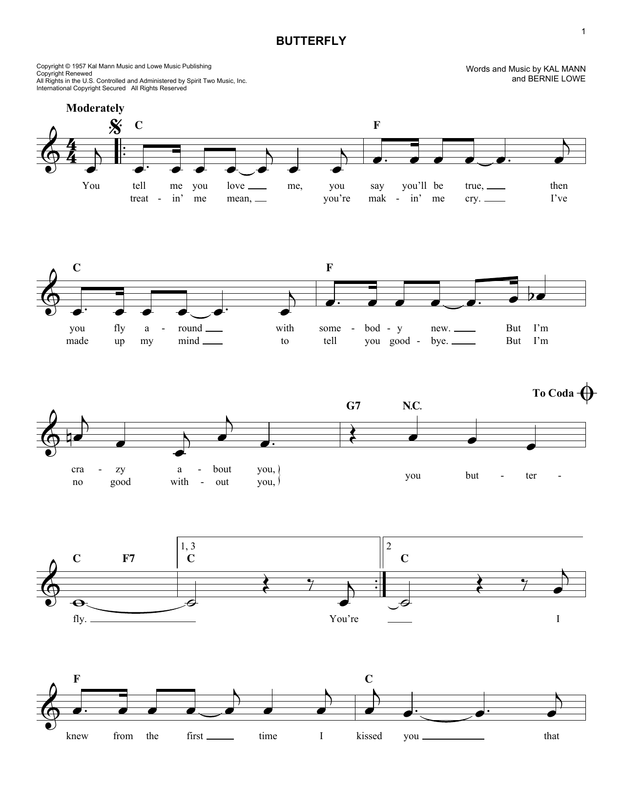 Bernie Lowe Butterfly sheet music notes and chords arranged for Easy Lead Sheet / Fake Book