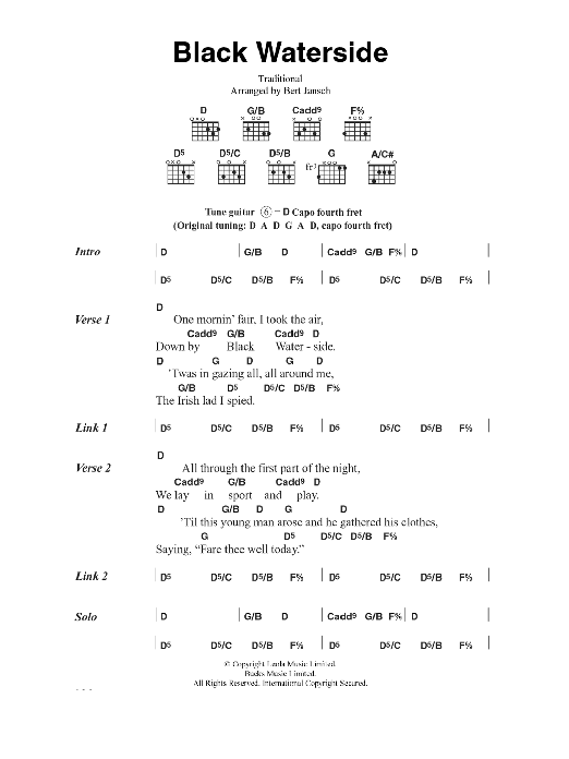 Bert Jansch Black Waterside sheet music notes and chords arranged for Guitar Chords/Lyrics