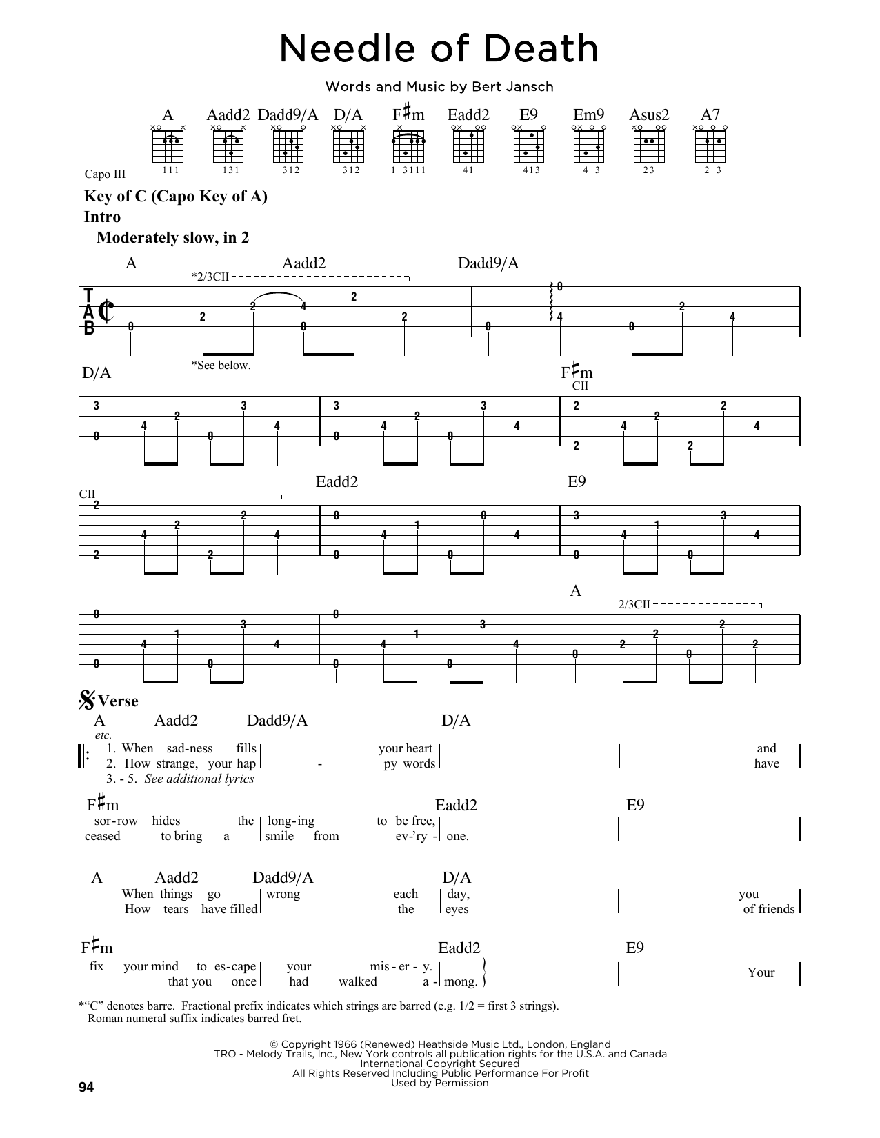Bert Jansch Needle Of Death sheet music notes and chords arranged for Guitar Lead Sheet