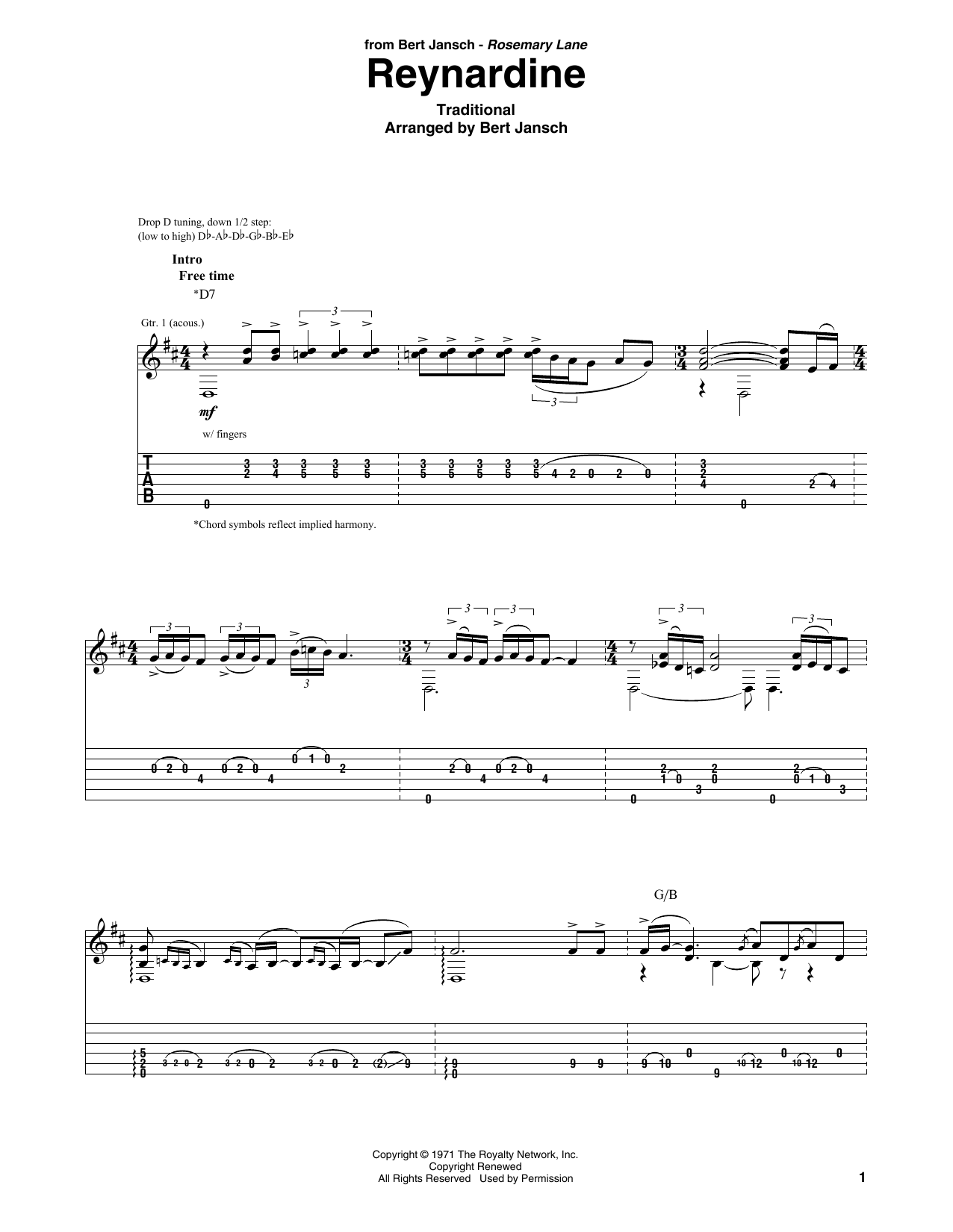 Bert Jansch Reynardine sheet music notes and chords arranged for Solo Guitar