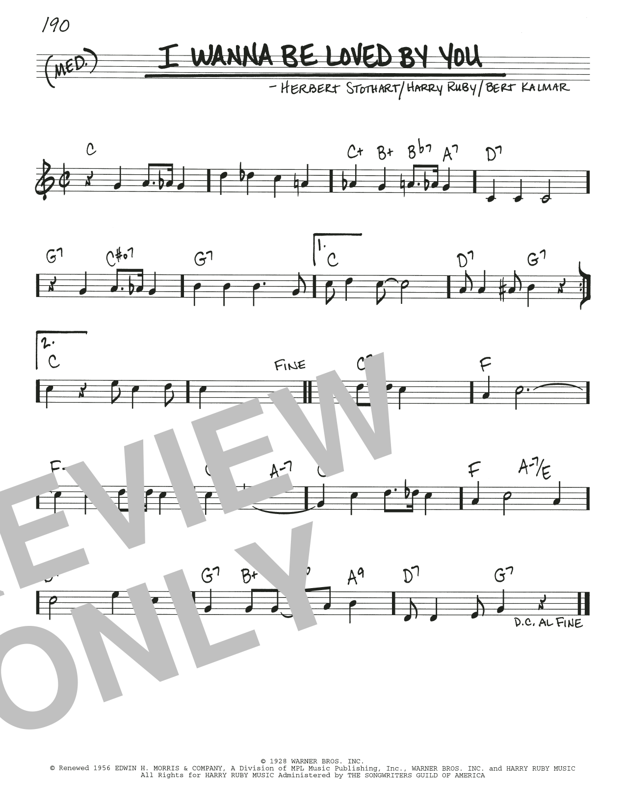 Bert Kalmar I Wanna Be Loved By You sheet music notes and chords arranged for Real Book – Melody & Chords