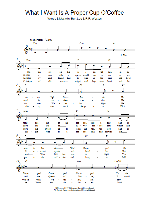 Bert Lee What I Want Is A Proper Cup O'Coffee sheet music notes and chords arranged for Lead Sheet / Fake Book
