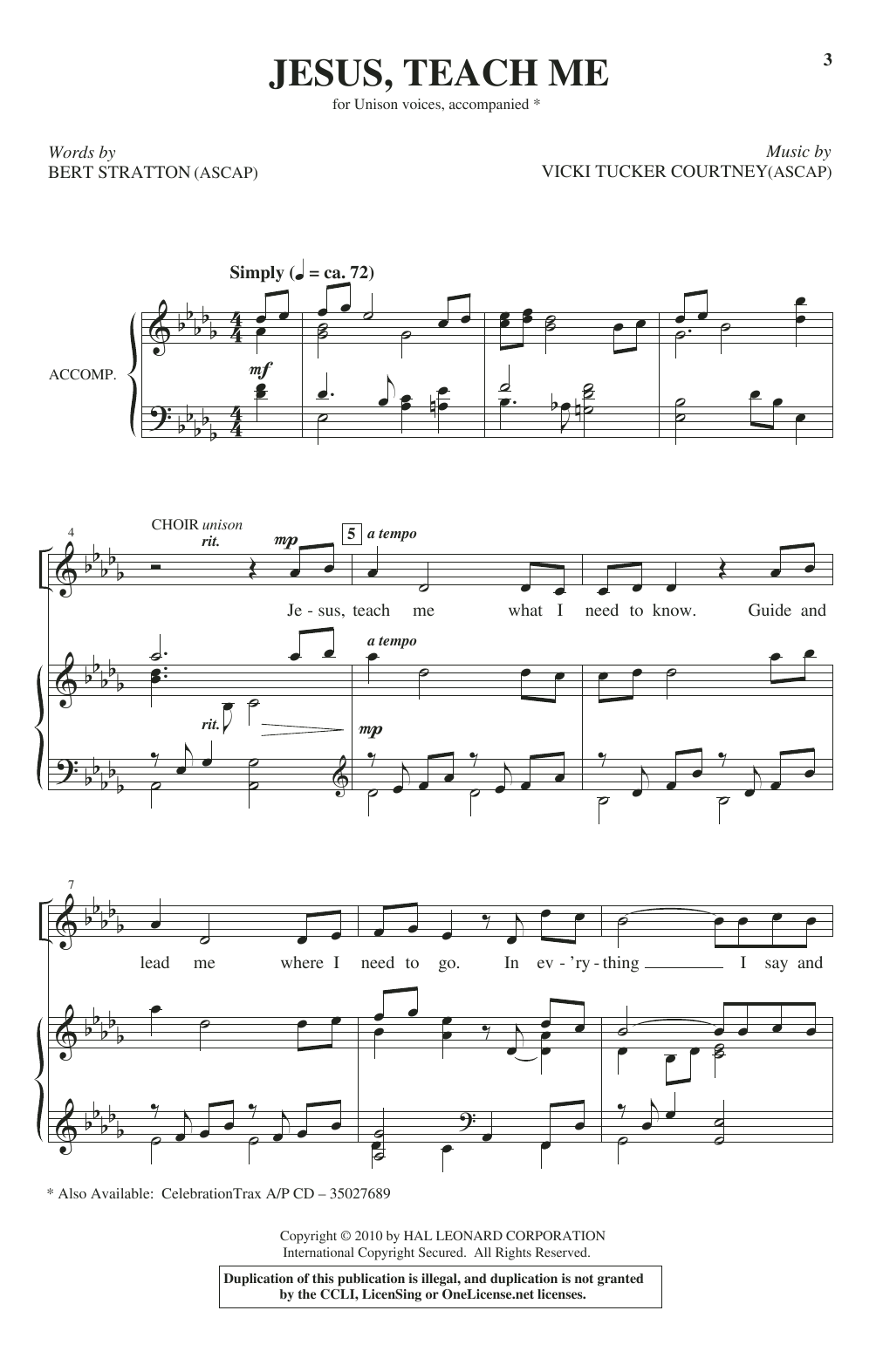Bert Stratton and Vicki Tucker Courtney Jesus, Teach Me sheet music notes and chords arranged for Unison Choir