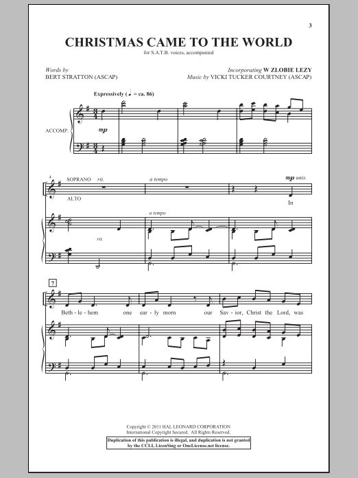 Bert Stratton Christmas Came To The World sheet music notes and chords arranged for SATB Choir
