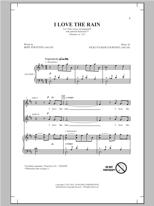 Bert Stratton I Love The Rain sheet music notes and chords arranged for 2-Part Choir