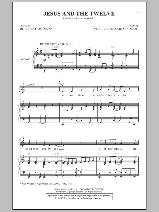 Bert Stratton Jesus And The Twelve sheet music notes and chords arranged for Unison Choir