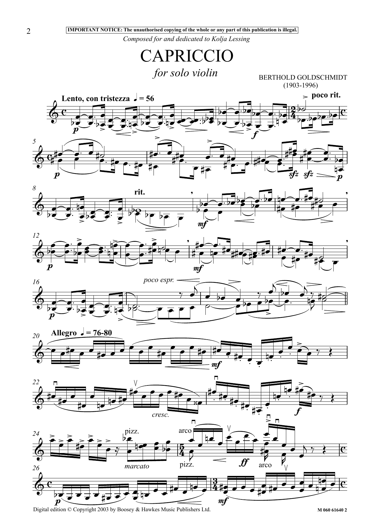 Berthold Goldschmidt Capriccio sheet music notes and chords arranged for Violin Solo