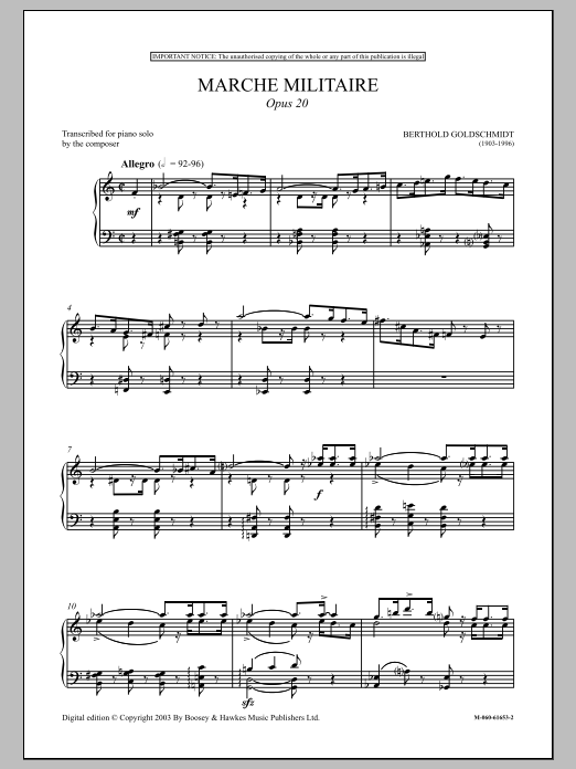 Berthold Goldschmidt Marche Militaire,  Op. 20 sheet music notes and chords arranged for Piano Solo