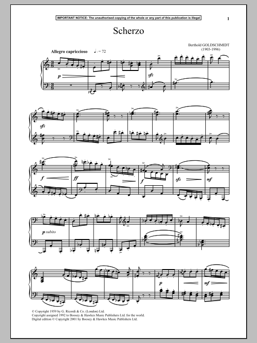 Berthold Goldschmidt Scherzo sheet music notes and chords arranged for Piano Solo