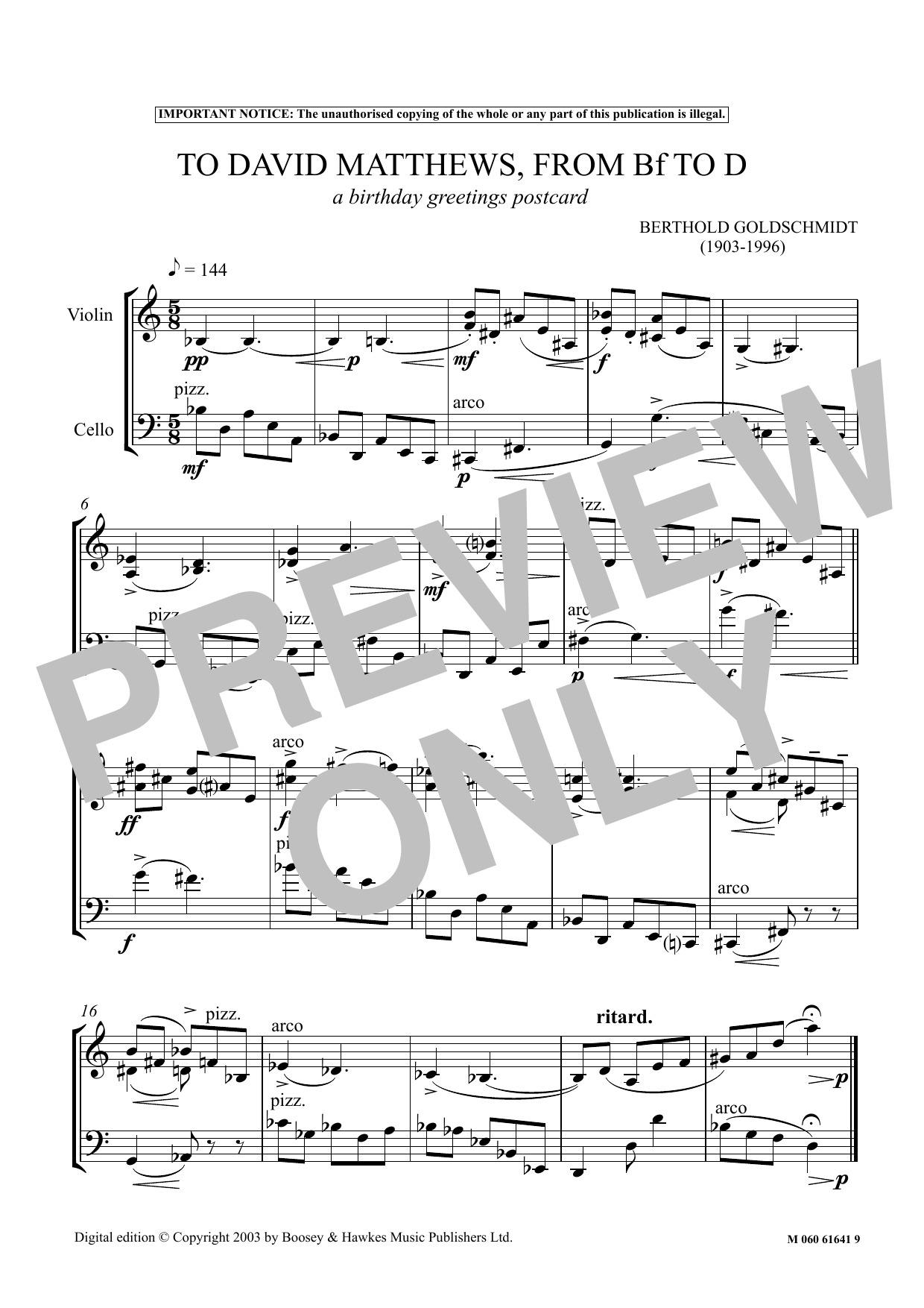Berthold Goldschmidt To David Matthews From Bf To D (A Birthday Greetings Postcard) sheet music notes and chords arranged for Performance Ensemble