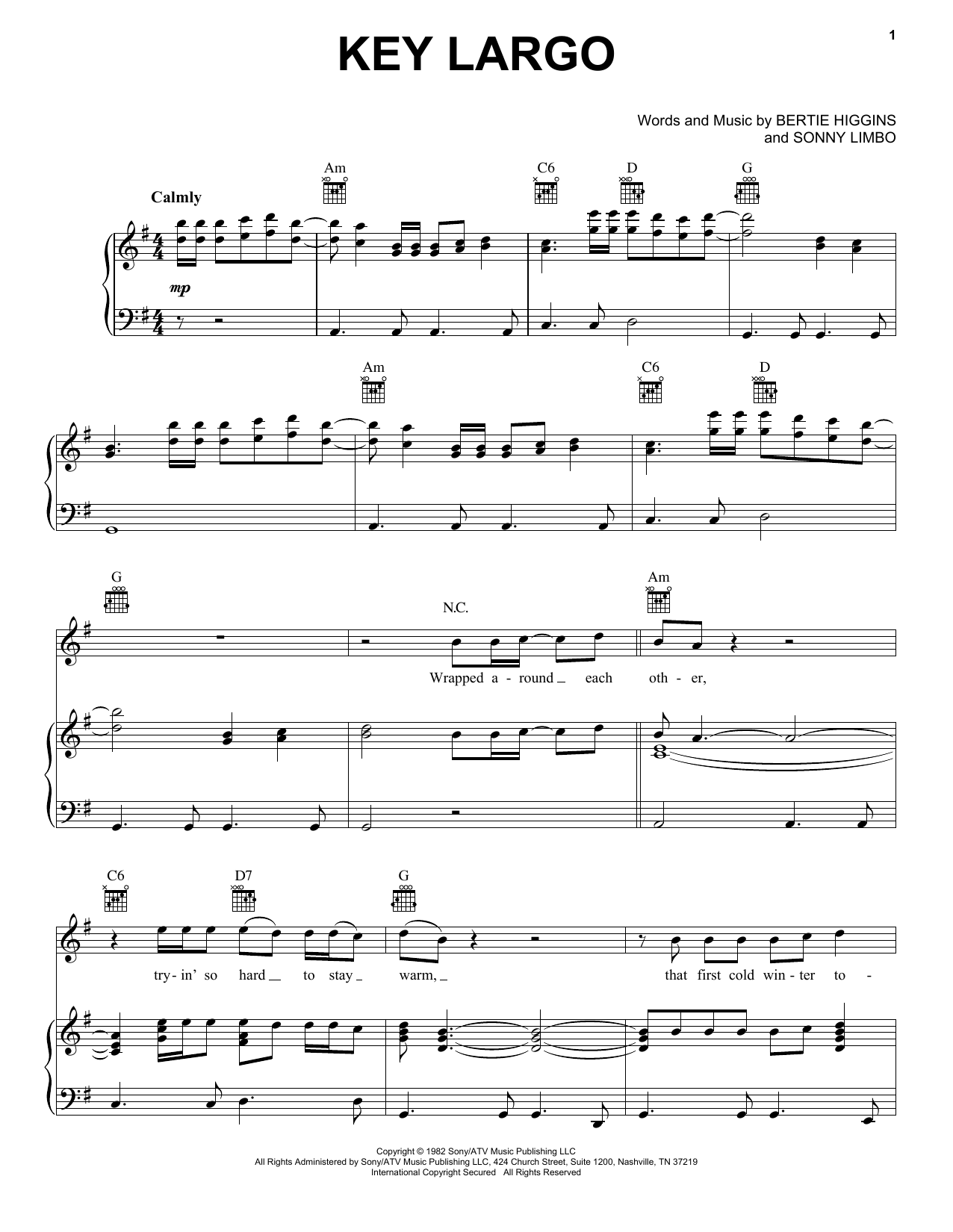 Bertie Higgins Key Largo sheet music notes and chords arranged for Piano, Vocal & Guitar Chords (Right-Hand Melody)