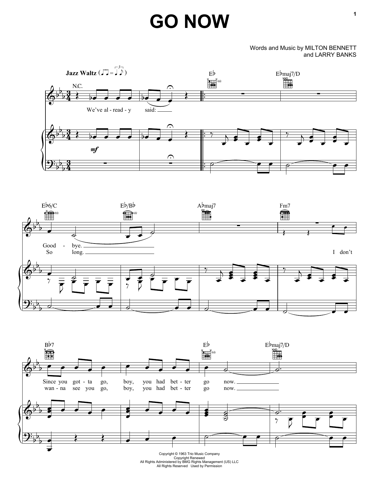 Bessie Banks Go Now sheet music notes and chords arranged for Piano, Vocal & Guitar Chords (Right-Hand Melody)