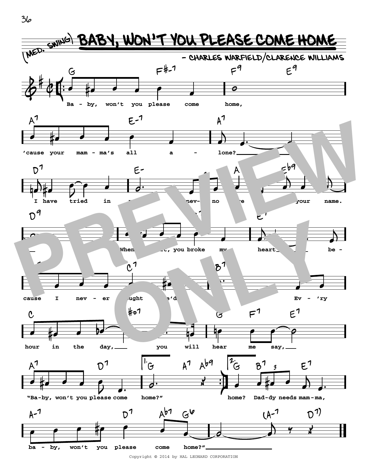 Bessie Smith Baby, Won't You Please Come Home (High Voice) sheet music notes and chords arranged for Real Book – Melody, Lyrics & Chords