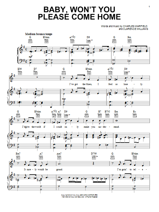Bessie Smith Baby, Won't You Please Come Home sheet music notes and chords arranged for Piano, Vocal & Guitar Chords (Right-Hand Melody)