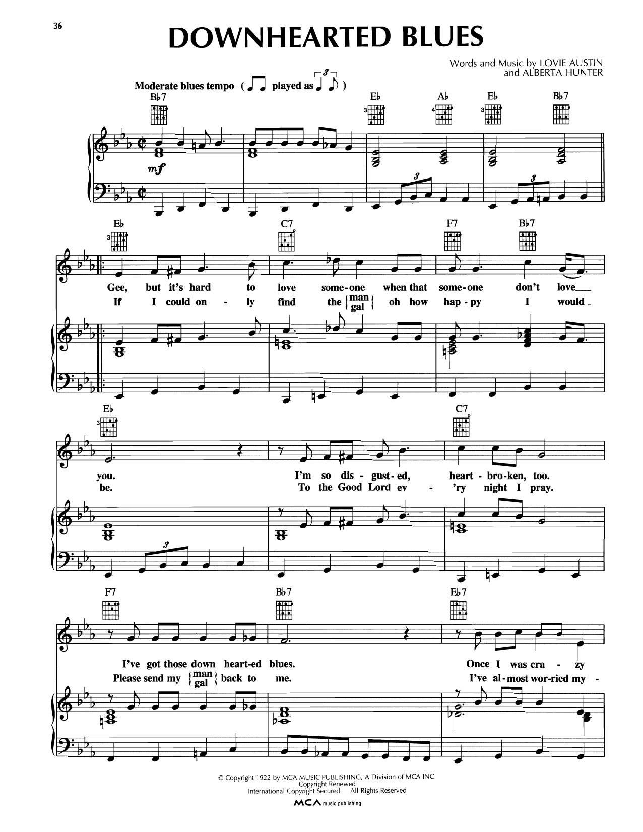 Bessie Smith Down Hearted Blues sheet music notes and chords arranged for Piano, Vocal & Guitar Chords (Right-Hand Melody)