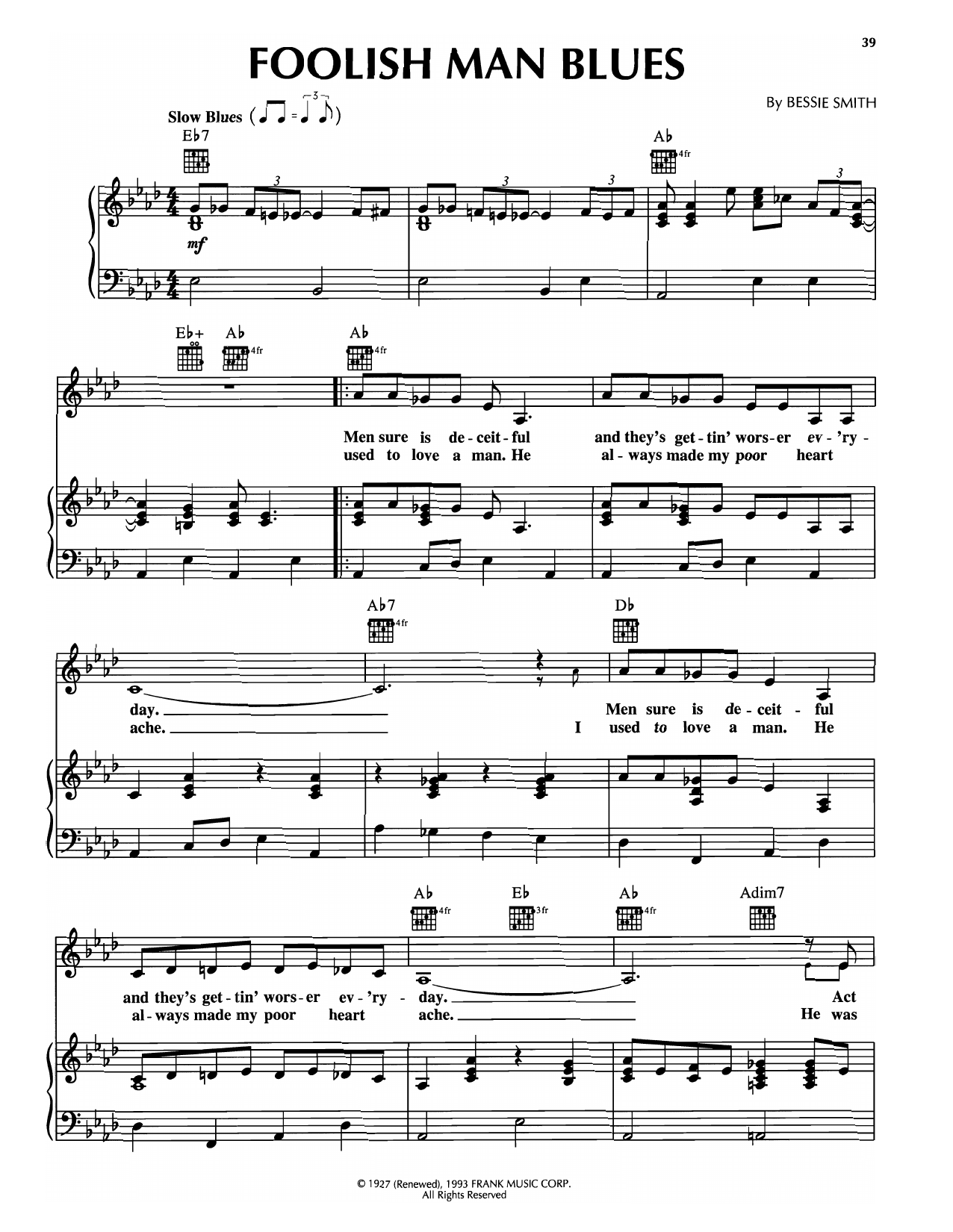 Bessie Smith Foolish Man Blues sheet music notes and chords arranged for Piano, Vocal & Guitar Chords (Right-Hand Melody)