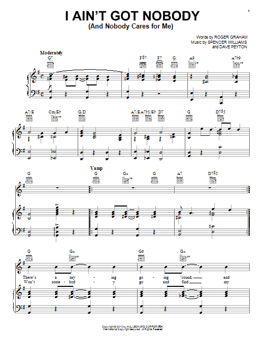 Bessie Smith I Ain't Got Nobody (And Nobody Cares For Me) sheet music notes and chords arranged for Piano, Vocal & Guitar Chords (Right-Hand Melody)