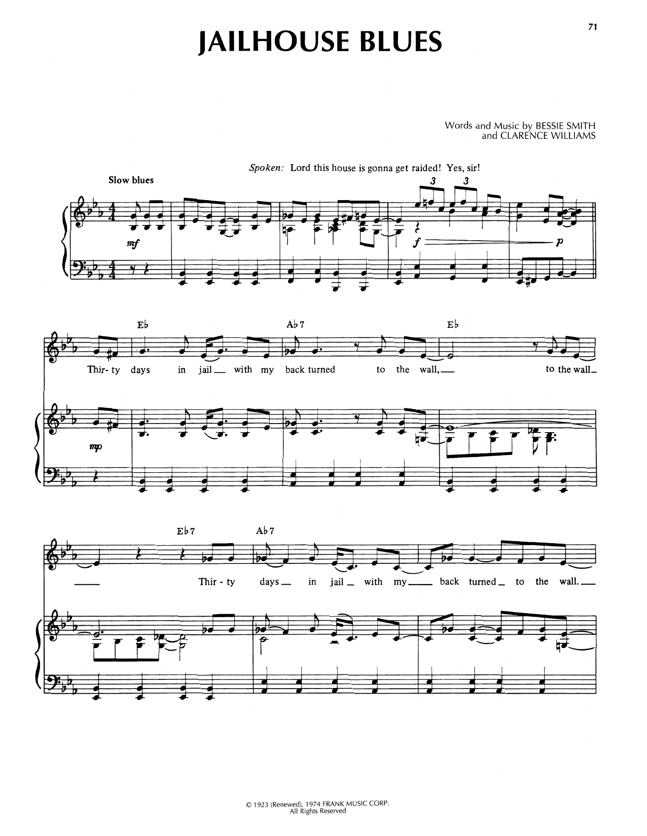Bessie Smith Jailhouse Blues sheet music notes and chords arranged for Piano, Vocal & Guitar Chords (Right-Hand Melody)