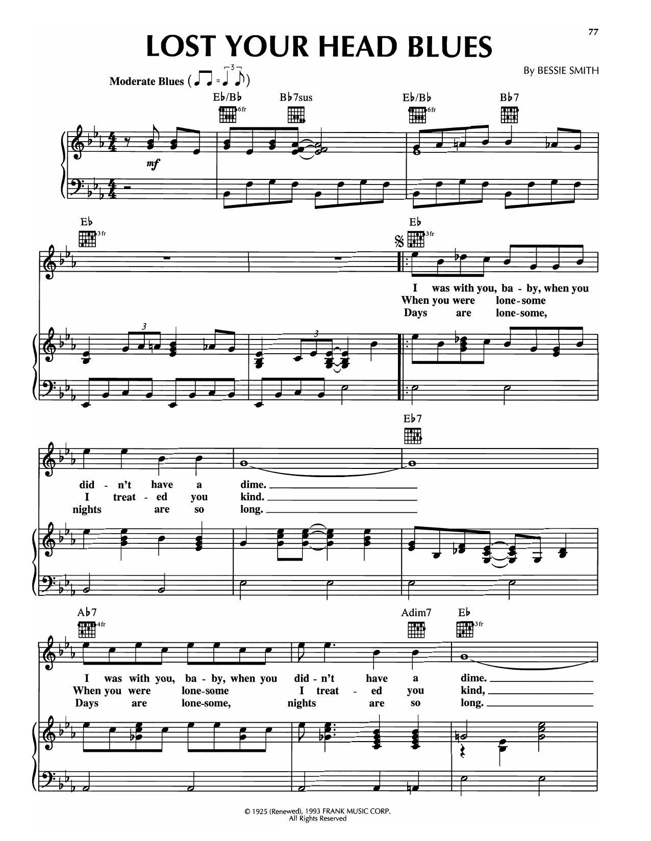 Bessie Smith Lost Your Head Blues sheet music notes and chords arranged for Piano, Vocal & Guitar Chords (Right-Hand Melody)