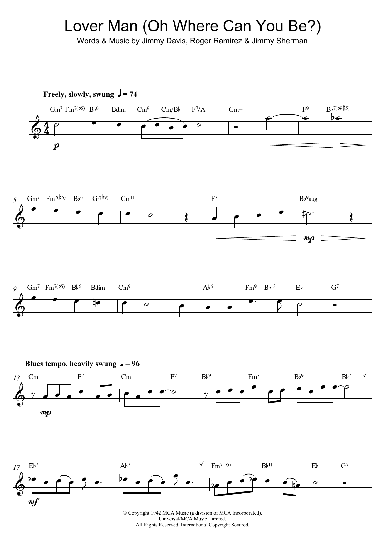 Bessie Smith Lover Man (Oh, Where Can You Be?) sheet music notes and chords arranged for Alto Sax Solo
