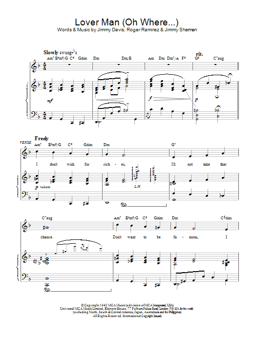 Bessie Smith Lover Man (Oh Where...) sheet music notes and chords arranged for Piano, Vocal & Guitar Chords