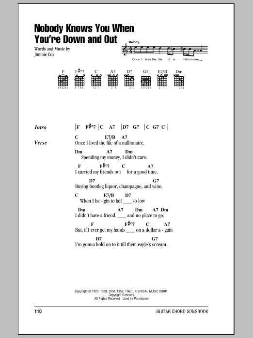 Bessie Smith Nobody Knows You When You're Down And Out sheet music notes and chords arranged for Guitar Chords/Lyrics