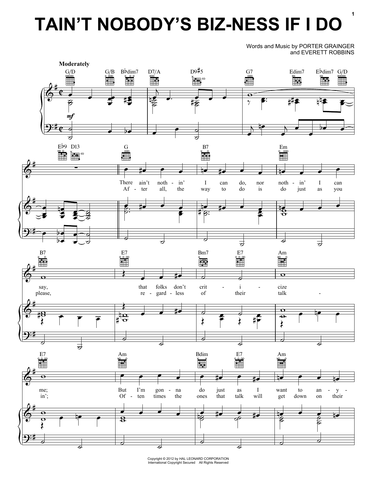 Bessie Smith Tain't Nobody's Biz-Ness If I Do sheet music notes and chords arranged for Guitar Chords/Lyrics