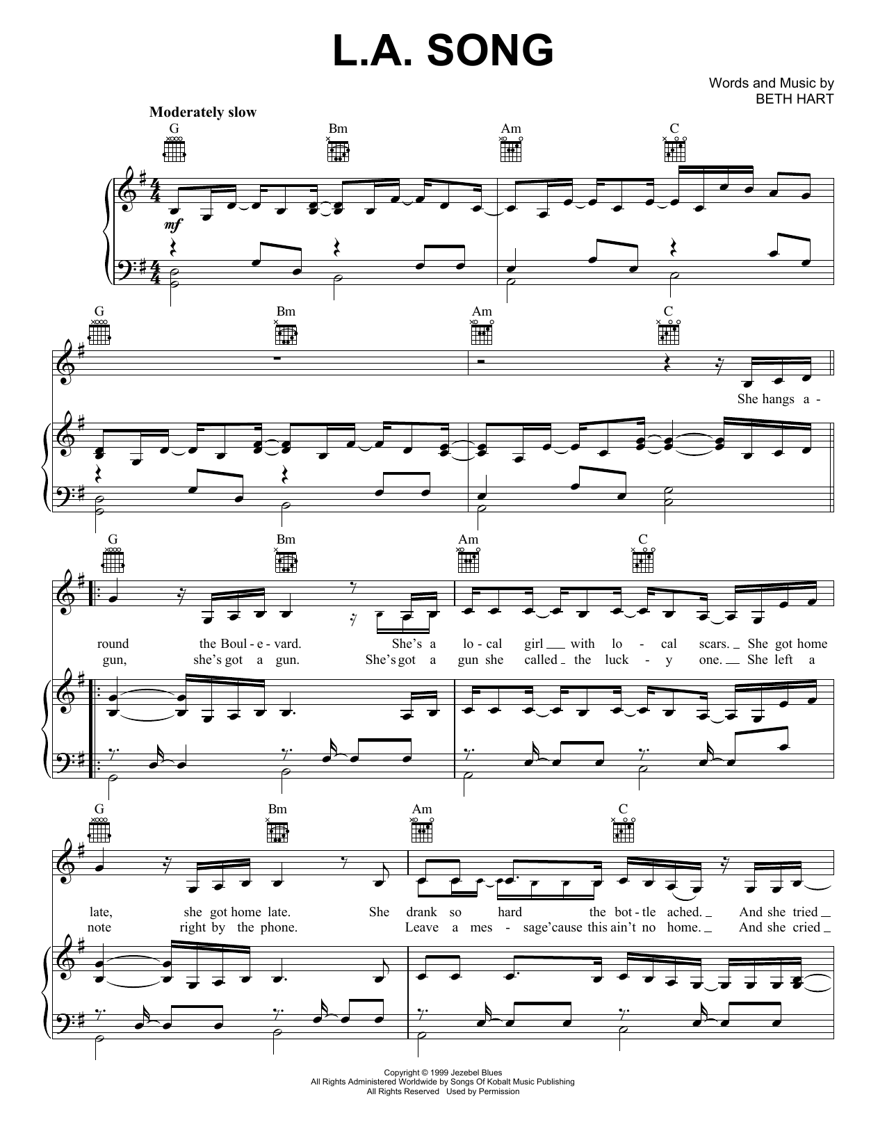 Beth Hart L.A. Song sheet music notes and chords arranged for Piano, Vocal & Guitar Chords (Right-Hand Melody)