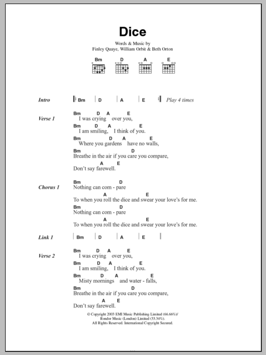 Beth Orton Dice sheet music notes and chords arranged for Guitar Chords/Lyrics