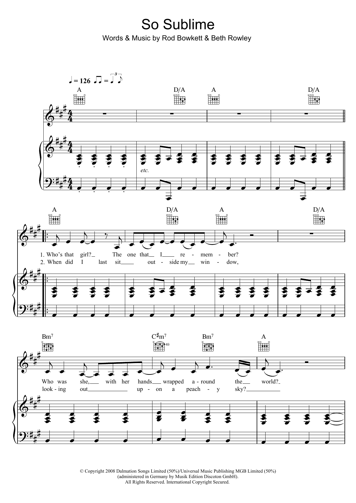 Beth Rowley So Sublime sheet music notes and chords arranged for Piano, Vocal & Guitar Chords