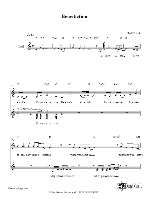 Beth Schafer Benediction sheet music notes and chords arranged for Lead Sheet / Fake Book