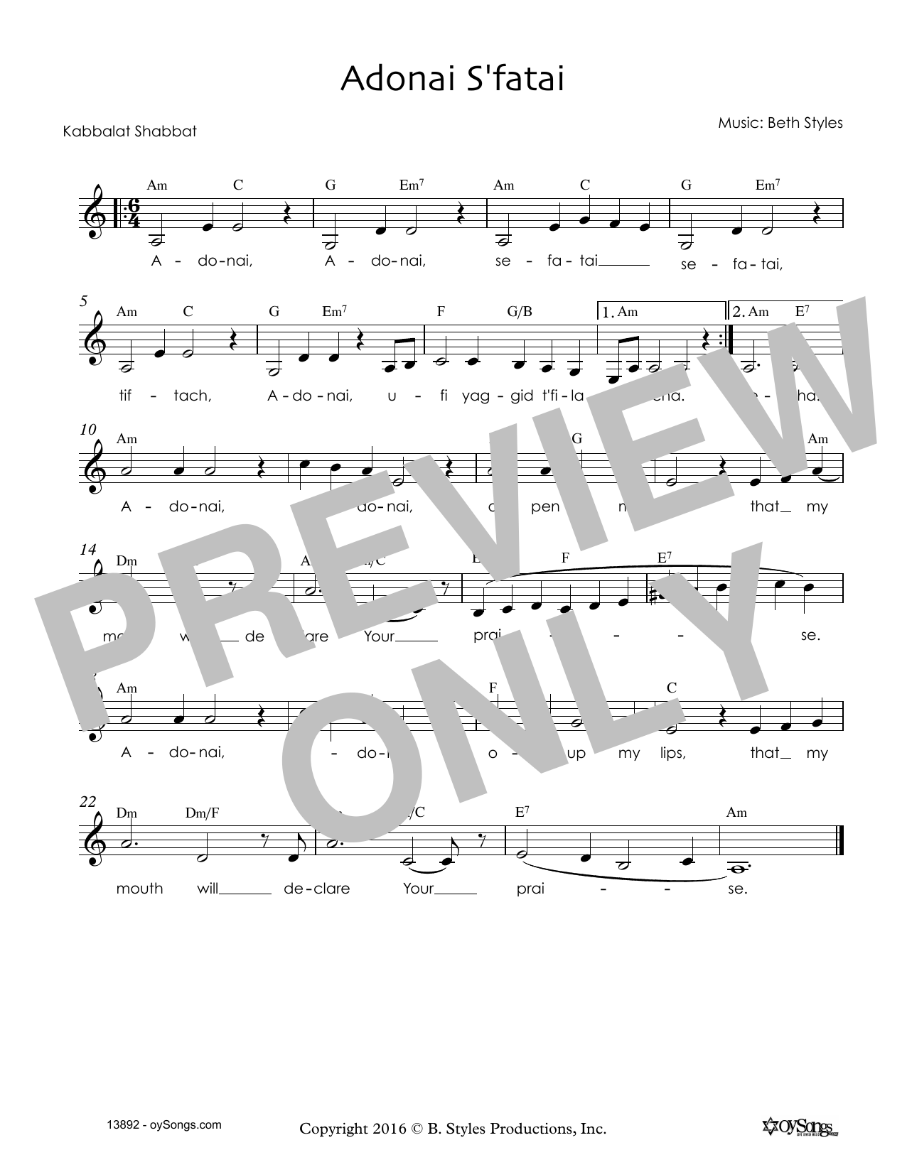 Beth Styles Adonai S'fatai sheet music notes and chords arranged for Lead Sheet / Fake Book