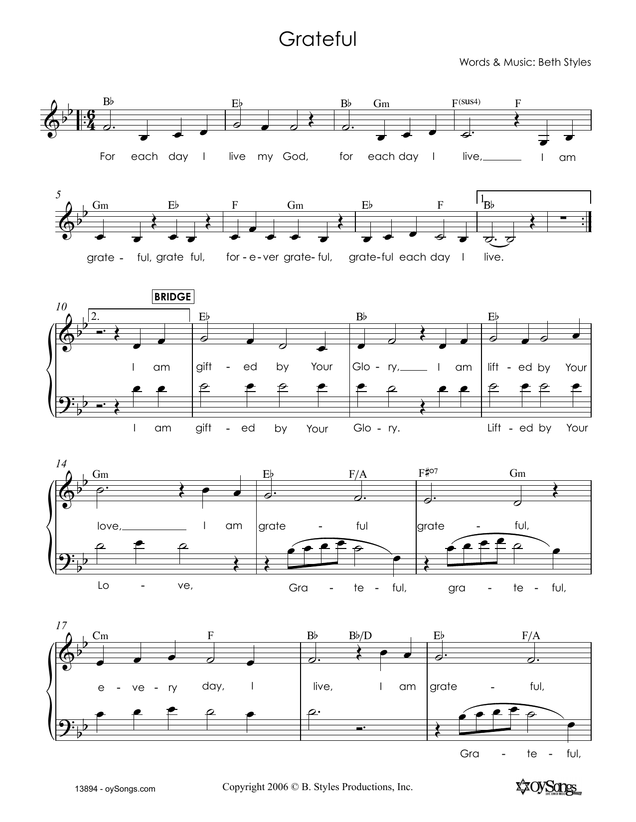 Beth Styles Grateful sheet music notes and chords arranged for Lead Sheet / Fake Book