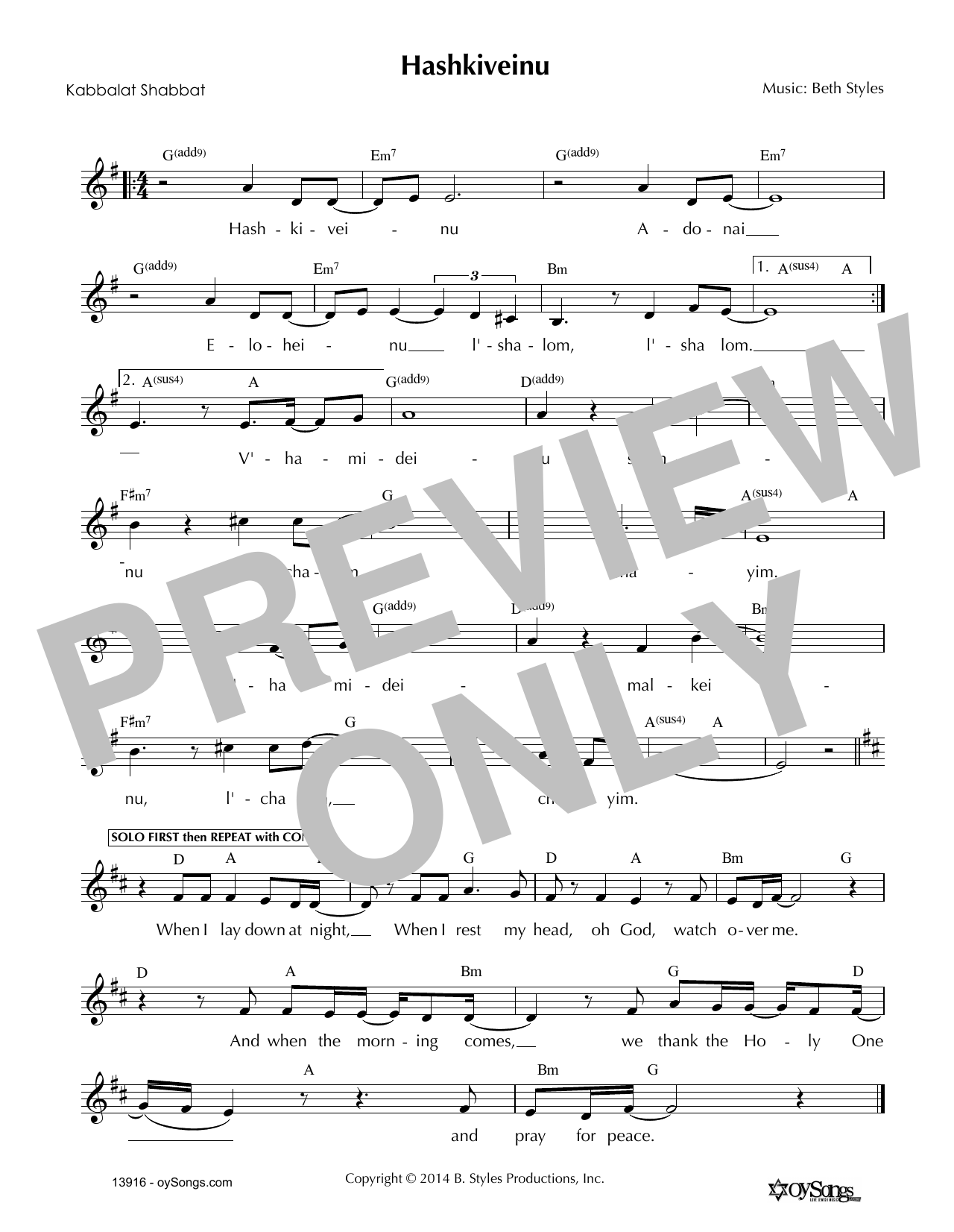 Beth Styles Hashkiveinu sheet music notes and chords arranged for Lead Sheet / Fake Book