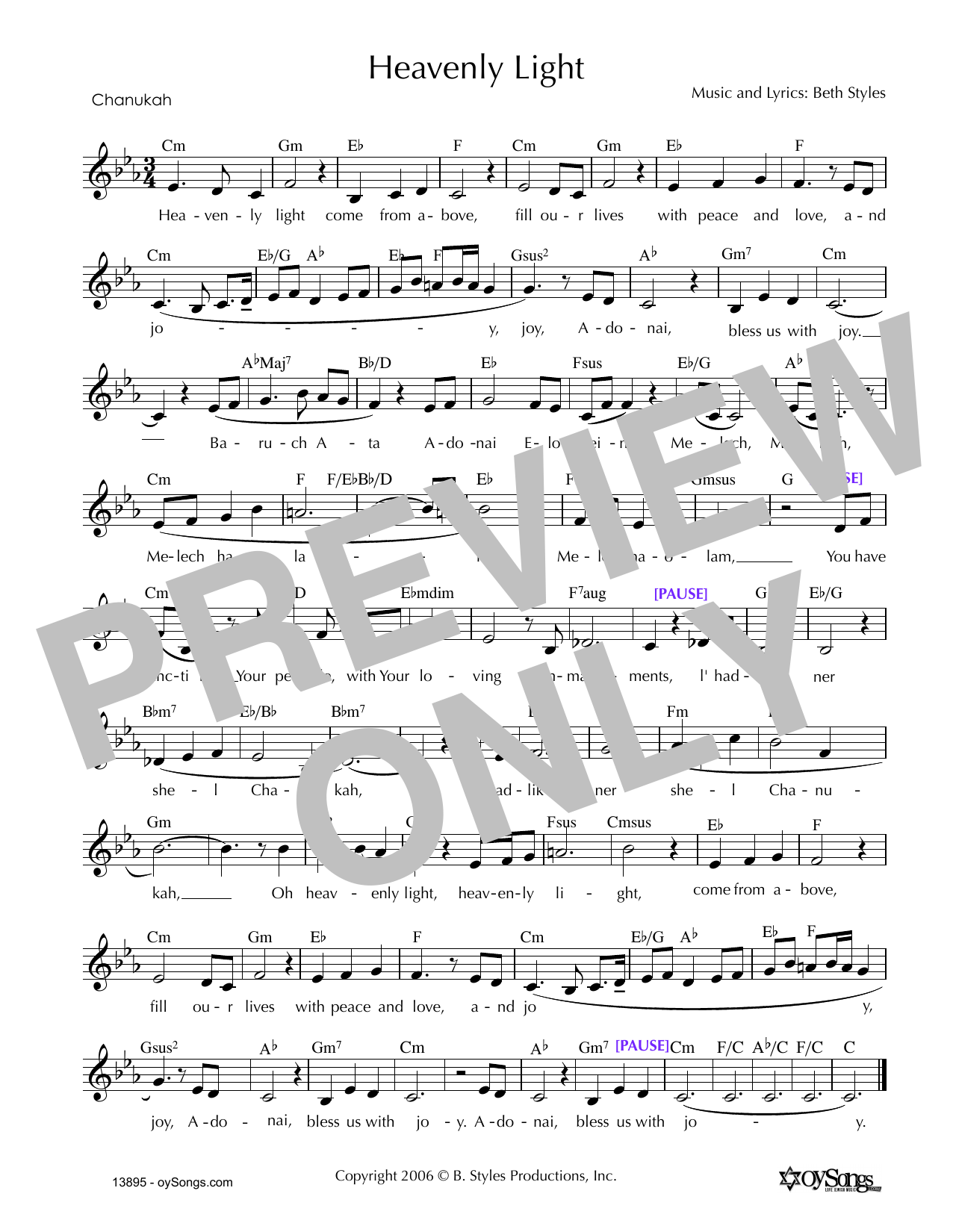 Beth Styles Heavenly Light (Chanukah) sheet music notes and chords arranged for Lead Sheet / Fake Book
