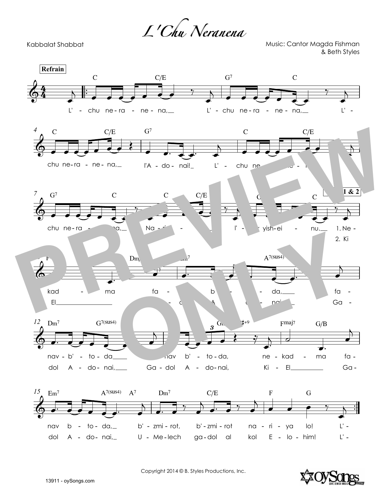 Beth Styles L'Chu Neranena sheet music notes and chords arranged for Lead Sheet / Fake Book