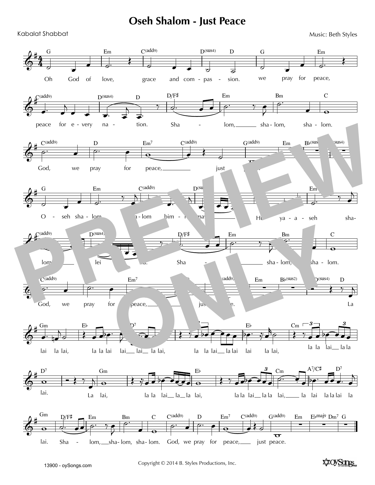 Beth Styles Oseh Shalom - Just Peace sheet music notes and chords arranged for Lead Sheet / Fake Book