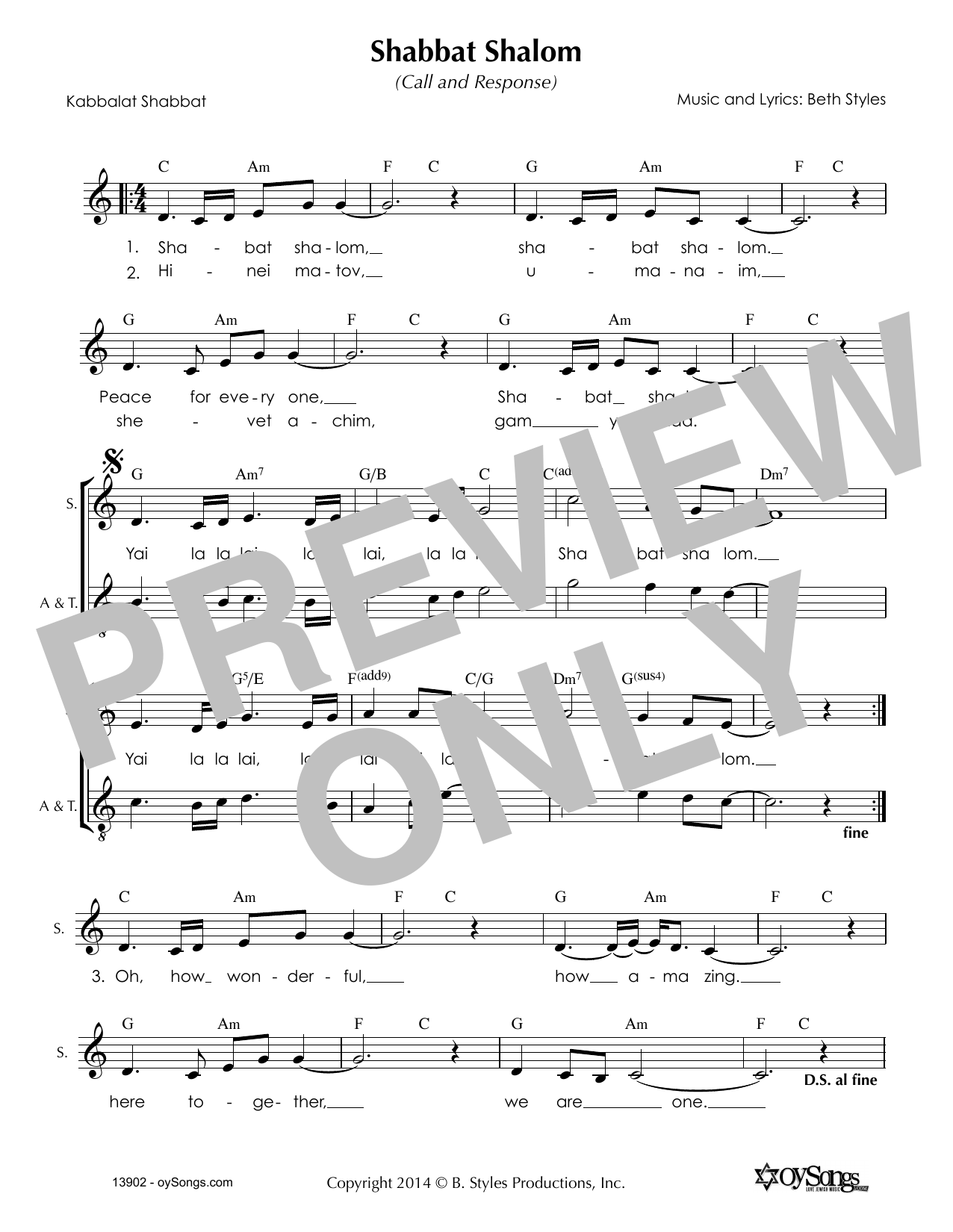 Beth Styles Shabbat Shalom (2part) sheet music notes and chords arranged for Lead Sheet / Fake Book