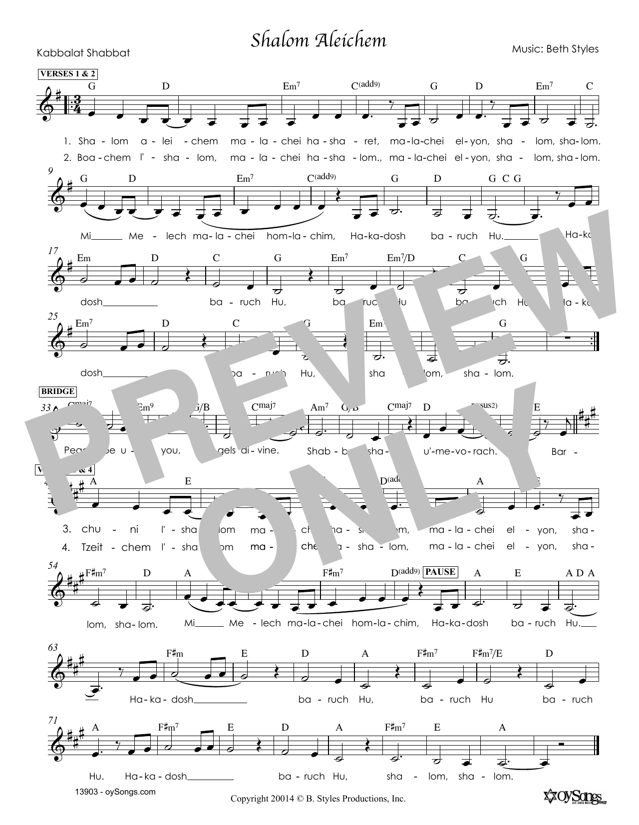 Beth Styles Shalom Aleichem sheet music notes and chords arranged for Lead Sheet / Fake Book
