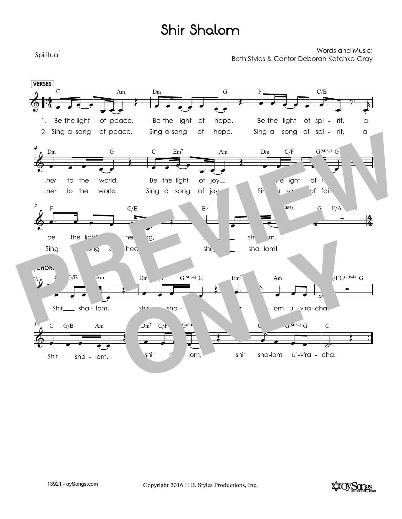 Beth Styles Shir Shalom sheet music notes and chords arranged for Lead Sheet / Fake Book