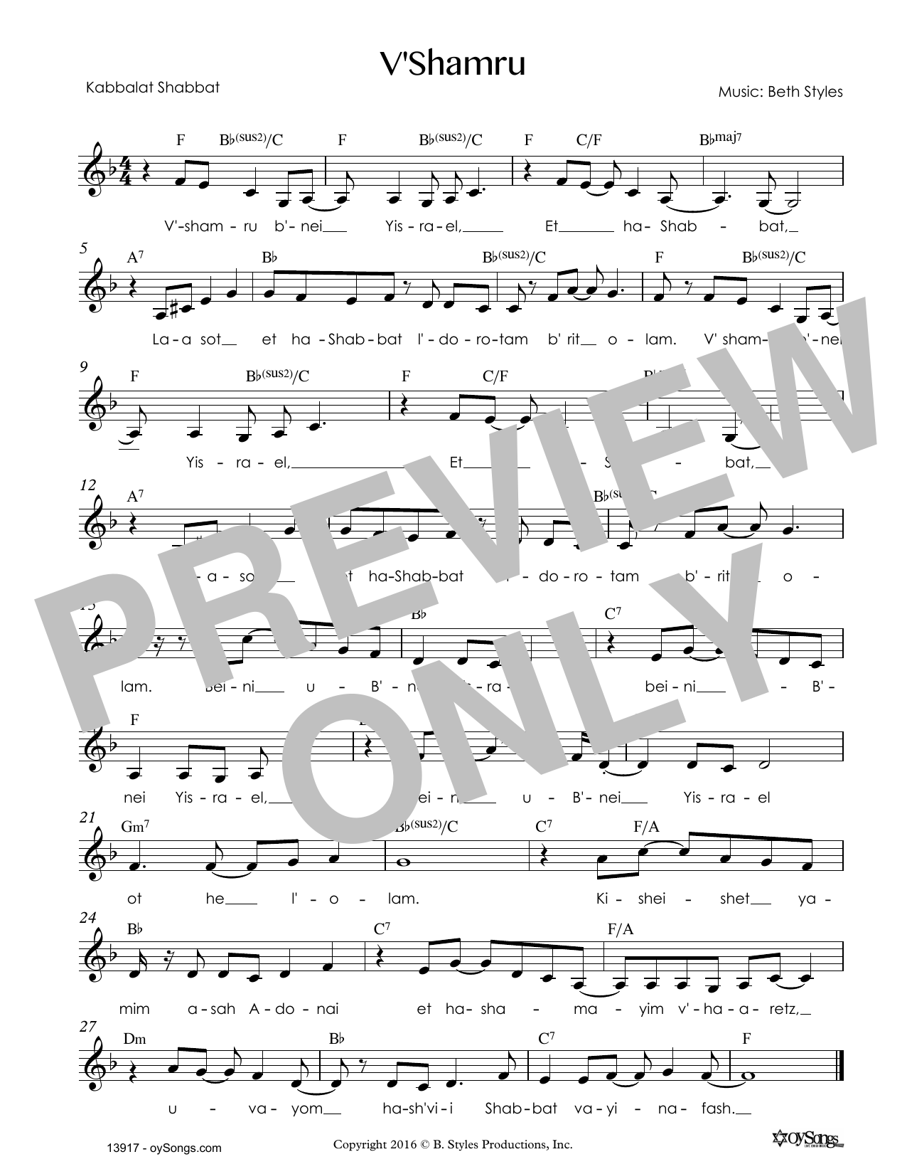 Beth Styles V'shamru sheet music notes and chords arranged for Lead Sheet / Fake Book