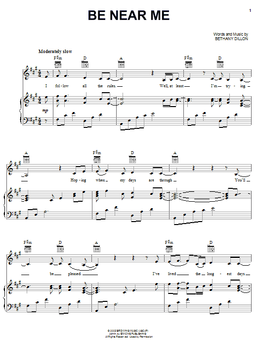 Bethany Dillon Be Near Me sheet music notes and chords arranged for Piano, Vocal & Guitar Chords (Right-Hand Melody)
