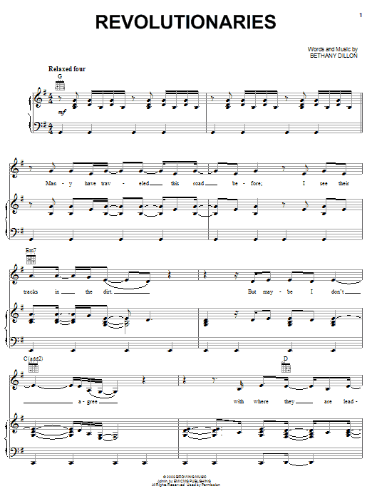 Bethany Dillon Revolutionaries sheet music notes and chords arranged for Piano, Vocal & Guitar Chords (Right-Hand Melody)