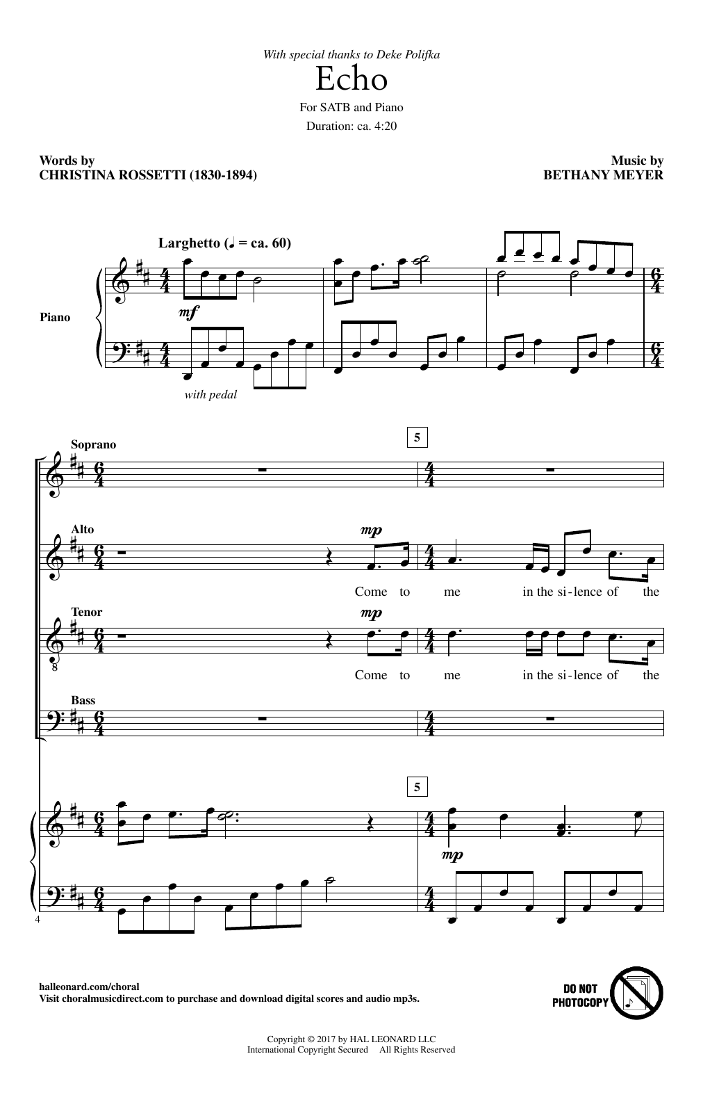 Bethany Meyer Echo sheet music notes and chords arranged for SATB Choir